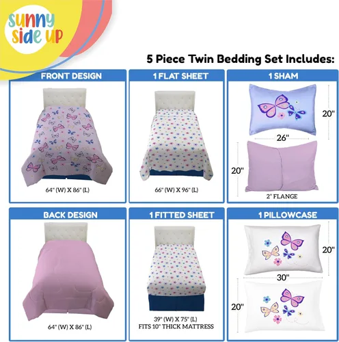 Miniatura 3 de Sunny Side Up Juego de edredón tamaño individual de mariposa – Ropa de cama infantil de 5 piezas incluye edredón, sábanas y funda de almohada