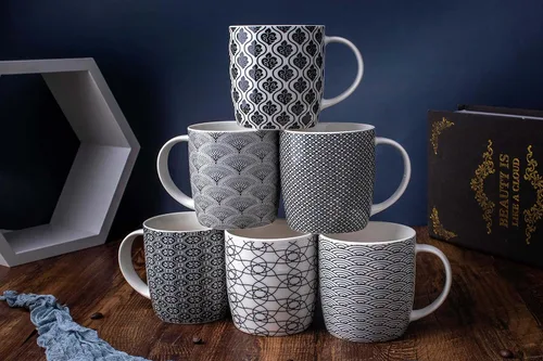 Miniatura 6 de Juego de 6 tazas de café de 11.5 onzas con patrones geométricos en blanco y negro, juego de tazas de té de cerámica Juego de 6 tazas negras