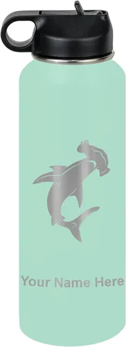 Miniatura 77 de LaserGram Botella de agua personalizada, tiburón martillo, acero inoxidable de doble pared aislada al vacío con popote superior, regalo grabado