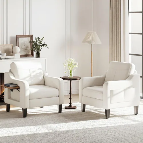 Miniatura 11 de Silla de acento para sala de estar, sillón moderno tapizado en lino, silla de sofá lateral de tela con estructura de madera con mesa plegable, 2