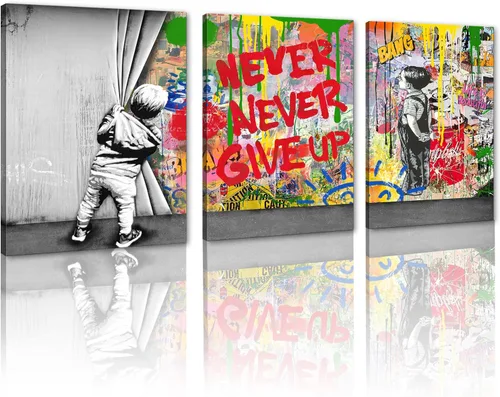 Miniatura 37 de 3 Piezas de Arte de Pared Banksy en Lienzo, Póster de Graffiti, Decoración de Pared con Citas Inspiradoras, Nunca Te Rindas, Obras de Arte para Sala