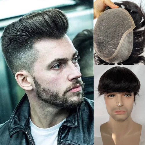 Voloria Peluca de cabello humano europeo para hombre, 10x8 pulgadas, HD, encaje suizo, súper delgada, piel trasera, repuesto de cabello, color negro