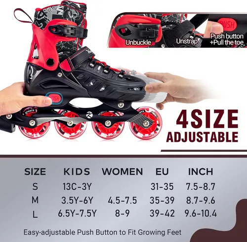 Miniatura 2 de Kuxuan skates Patines en línea ajustables para niños, jóvenes y adultos, patines iluminadores con ruedas iluminadas Rojo