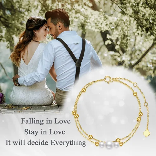 Miniatura 6 de Pulsera de oro macizo de 14 quilates para mujer, pulsera de perlas cultivadas de agua dulce de oro amarillo con doble cadena de regalo para ella