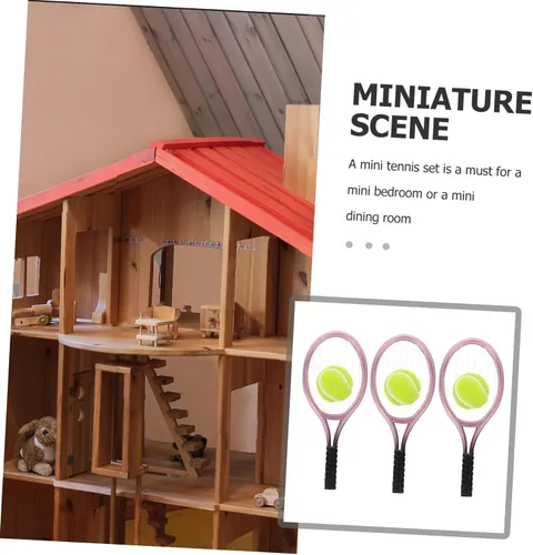 Miniatura 3 de Miniatures 3 juegos de mini raqueta de tenis, accesorios para casa de muñecas 1:12, mini raqueta de tenis deportiva y juego de pelota para mini casa