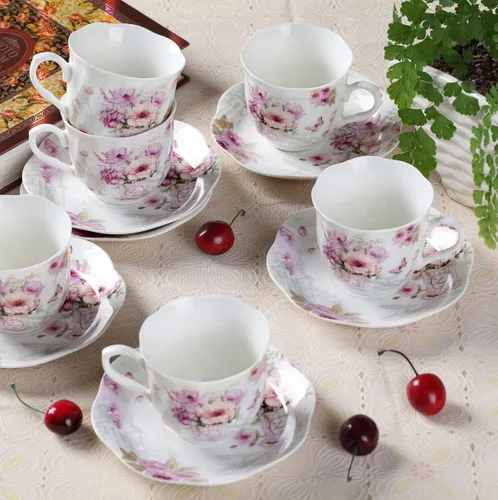 Miniatura 7 de GuangYang Juego de 6 tazas de té y platillos de porcelana de 7 onzas, patrón floral morado