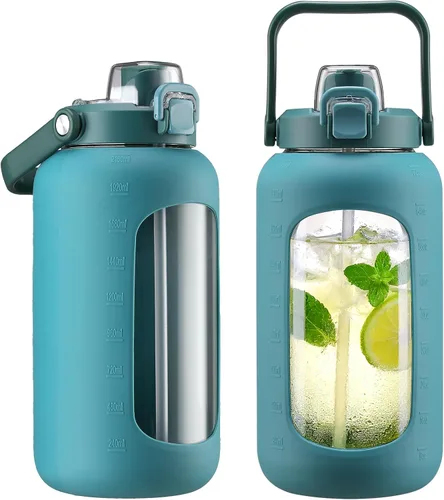 Miniatura 10 de Botella de agua de vidrio de 72 onzas con popote 2 en 1 y tapa de chug, botella de vidrio motivacional grande con marcador de capacidad y funda