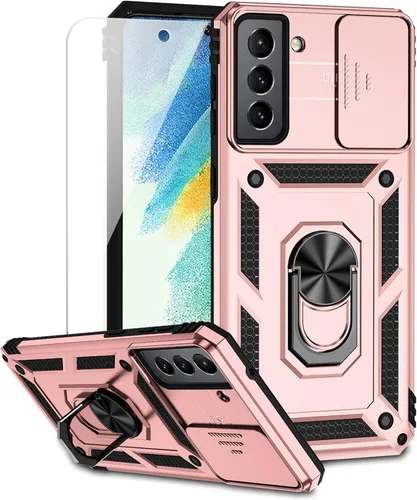 Miniatura 15 de Funda para Samsung Galaxy S21 FE 5G con cubierta para lente de cámara, protector de pantalla HD, soporte de anillo magnético con función de soporte