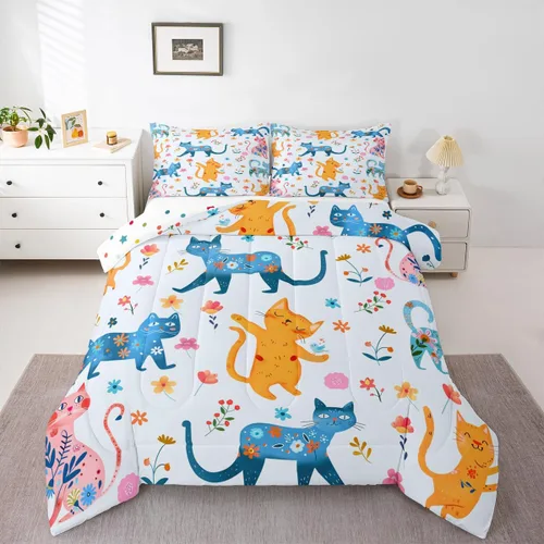 Miniatura 22 de Feelyou Juego de edredón para niños, diseño de gatos de dibujos animados, tamaño twin, lindo juego de ropa de cama de gatitos para adolescentes