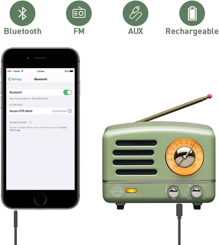 Miniatura 8 de Muzen Altavoz Bluetooth portátil, pequeño altavoz inalámbrico vintage de metal OTR, radio FM retro con antena AUX, audio estéreo de alta fidelidad