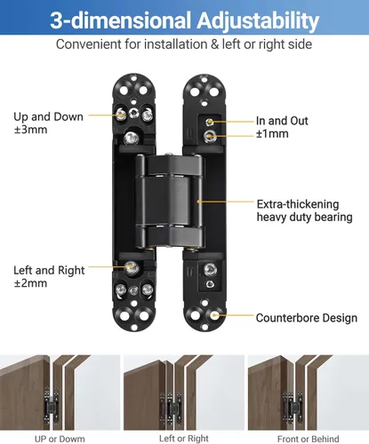 Miniatura 5 de Bisagras invisibles mejoradas para puerta (2 piezas) – Bisagras ocultas negras de 6 pulgadas para puertas, ajustable de 3 vías y columpio de 180