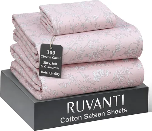 Miniatura 29 de RUVANTI Juego de sábanas de 100 % algodón tamaño matrimonial, tejido de satén suave y sedoso de 300 hilos, refrescante, ligero y transpirable, Beige