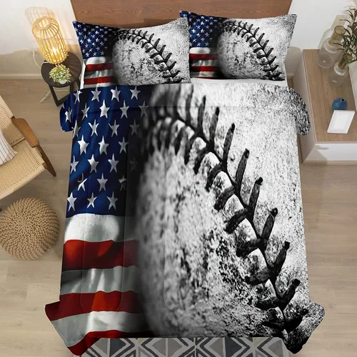 Miniatura 2 de Bodhi Juego de edredón de béisbol tamaño individual para niños, juego de edredón de bandera estadounidense tamaño individual, juego de ropa de cama