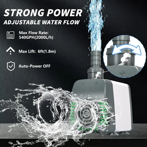 Miniatura 3 de Knifel Bomba de agua sumergible de 540 GPH - Bombas de fuente con apagado automático, flujo ajustable y ultra silencioso para fuentes, estanques