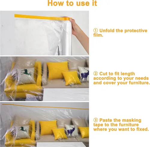 Miniatura 7 de Muf 2 x 65 pies de tela plástica para goteos, lámina de plástico con cinta adhesiva, película de enmascaramiento protectora impermeable, previene