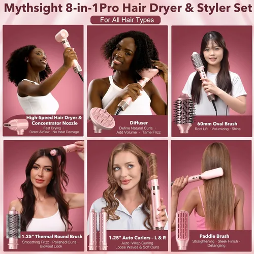 Miniatura 2 de Mythsight StyleVibe 8 en 1 Air Styler, secadora de pelo y cepillo secador con estuche de viaje - Rulos de envoltura automática (L/R), secado rápido