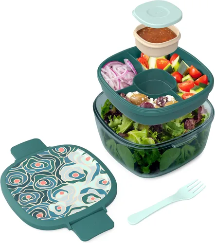Miniatura 11 de Bentgo Recipiente de Ensalada de Vidrio Todo en Uno - Ensaladera Grande de 61 oz con Tapa, Bandeja Estilo Bento de 4 Compartimentos, Recipiente