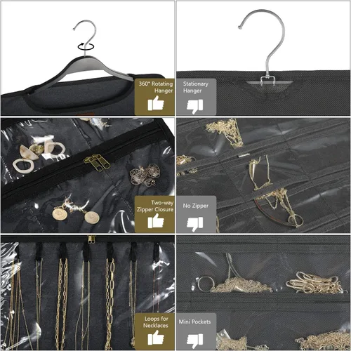 Miniatura 3 de SMRITI Organizador de joyas colgante con bolsillos dobles con cremallera, lona de doble cara giratoria para colgar collares, organizador de pared