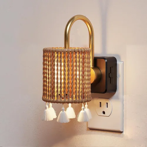 L LOHAS LED Luces Nocturnas Enchufables en la Pared, Luz Nocturna Decorativa de Cilindro de Tela Boho con Borla, Sensor de Crepúsculo a Amanecer,