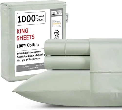 Miniatura 19 de Juego de sábanas 100% algodón para cama King, juego de sábanas certificadas de 1000 TC con bolsillo profundo, juego de sábanas y fundas de almohada
