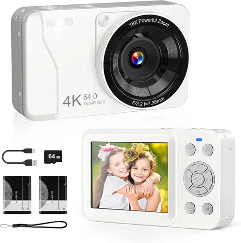 Cámara digital, 4K 64MP, zoom 18X, cámara digital de apuntar y disparar con tarjeta TF de 64 GB y 2 baterías, cámara pequeña recargable portátil