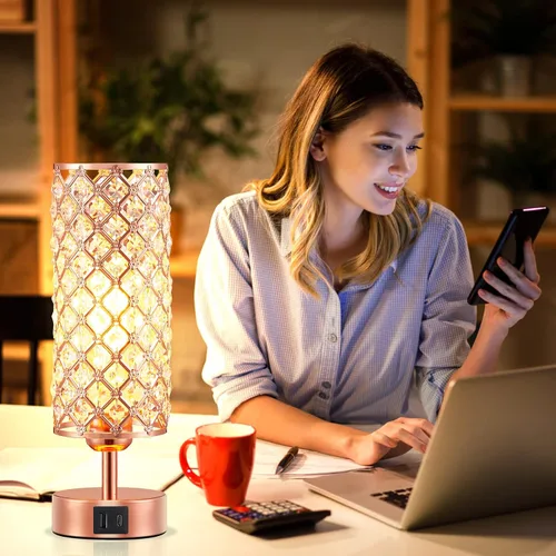 Miniatura 8 de Lámpara de mesa de cristal Hong-in - Control táctil regulable en 3 vías, lámpara de cabecera de oro rosa con puertos USB C y A, luz de mesita