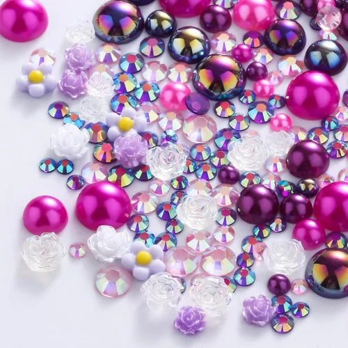 Miniatura 72 de 60g de Perlas Acuamarina Dorada con Diamantes de Imitación para Manualidades Tamaño Mixto 3mm-10mm Color AB Redondas Perlas Medias Planas Conjunto