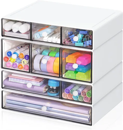 Miniatura 10 de Organizador de escritorio con 9 cajones, cajones de almacenamiento para manualidades de escritorio apilables de 4 niveles, caja de almacenamiento