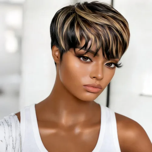 Miniatura 15 de Peluca de cabello humano con corte Pixie para mujeres negras, 100% cabello humano real, peluca corta y recta sin pegamento con flequillo, hecha a
