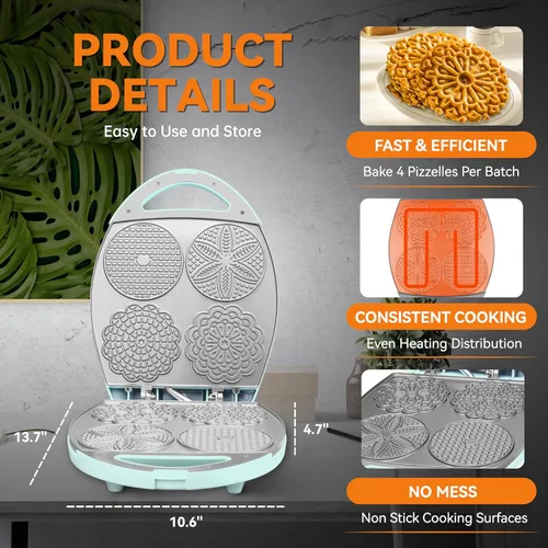 Miniatura 3 de Baker's Friend Multi Pizzelle Maker Eléctrico, plancha Stroopwafel, máquina para hacer galletas waffle Pizzelle de 4 x 4.5 pulgadas con control