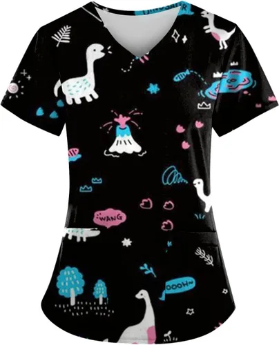 BDPORKAS Camisa de uniforme médico para mujer, manga corta, elegante, ligera, holgada, con bolsillo, color liso y estampado