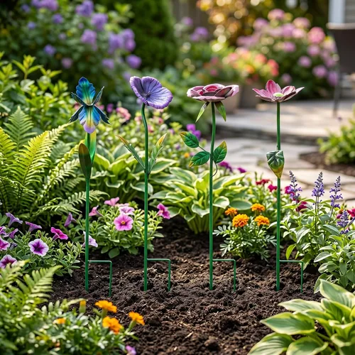 Juego de 4 estacas de metal grandes de 28.5 pulgadas de alto para decoración de jardín, juego de 4, adornos de arte de selección de plantas, estaca