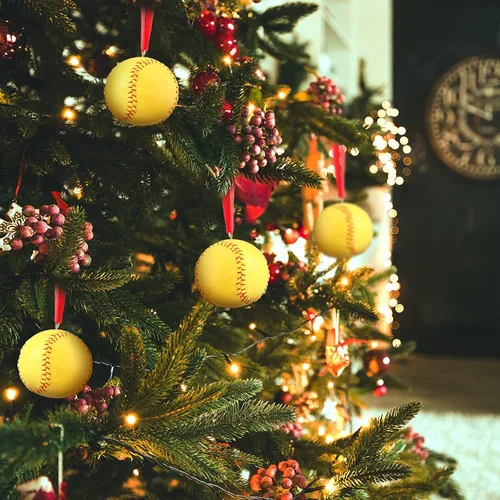Miniatura 7 de Newwiee 6 piezas de adornos de Navidad de sóftbol a granel decoraciones deportivas para árbol de Navidad, adorno decorativo de béisbol de piel