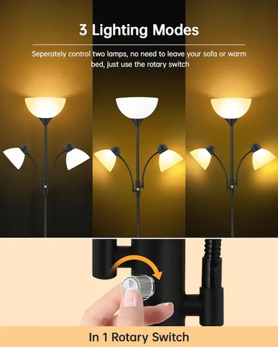 Miniatura 5 de Torchiere - Lámpara de pie para sala de estar, lámpara de pie de 71 pulgadas de alto, lámparas de dormitorio con luz de lectura, interruptor Negro