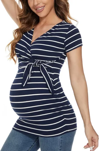 Miniatura 2 de Glampunch Camisas de maternidad para mujer, manga corta y larga, con lazo frontal, tops de maternidad