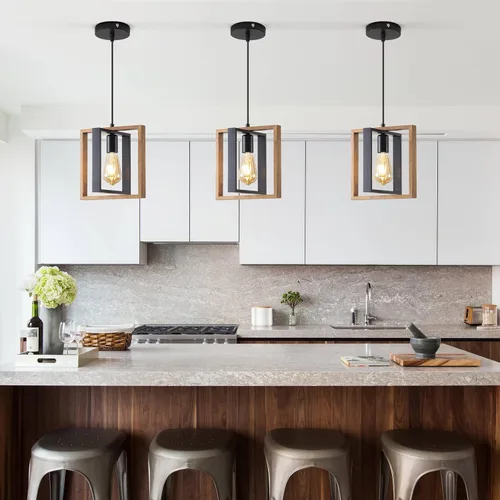Miniatura 2 de Lámpara colgante estilo granja, luces colgantes negras para isla de cocina, luz colgante de metal industrial y madera vintage, lámpara de techo