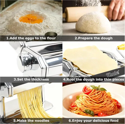 Miniatura 7 de Máquina para hacer pasta con 7 ajustes de grosor ajustables, máquina manual de fideos de acero inoxidable, rodillo de pasta y cortadores con mango