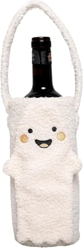 Pearhead Soporte para botella de vino fantasma de Halloween, bolsa de regalo reutilizable de sherpa de felpa con cara sonriente y asa - Lindo regalo