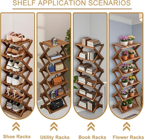Miniatura 5 de Comeon Zapatero de bambú, zapatero vertical plegable para puerta delantera, entrada, organizador estrecho de zapatos, estante pequeño para zapatos