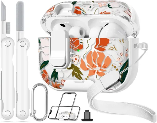 Miniatura 18 de con bloqueo de seguridad para funda de AirPods Pro 2ª 1ª generación, funda transparente floral linda para AirPods Pro 2 con soporte para teléfono