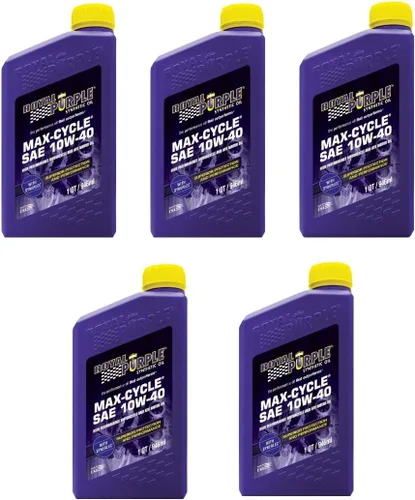 Royal Purple 01315 Aceite sintético para motocicleta de ciclo máximo 10W-40 para motores y transmisiones altamente estresados, caja de 5 cuartos de