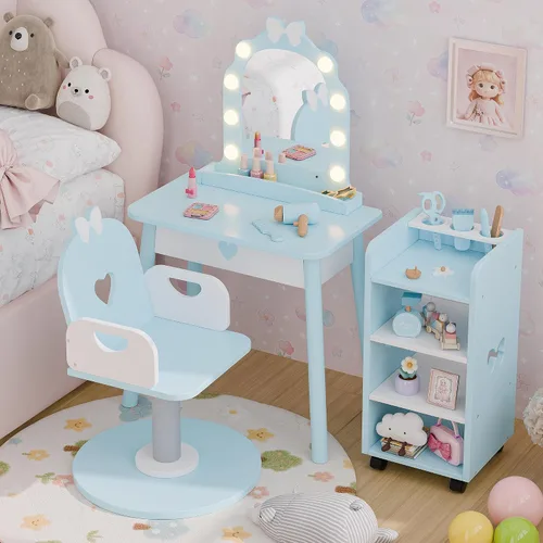 Juego de tocador azul hielo para niños con luz y silla de peluquería, tocador de maquillaje con estante de almacenamiento y juego de peluquería, 7