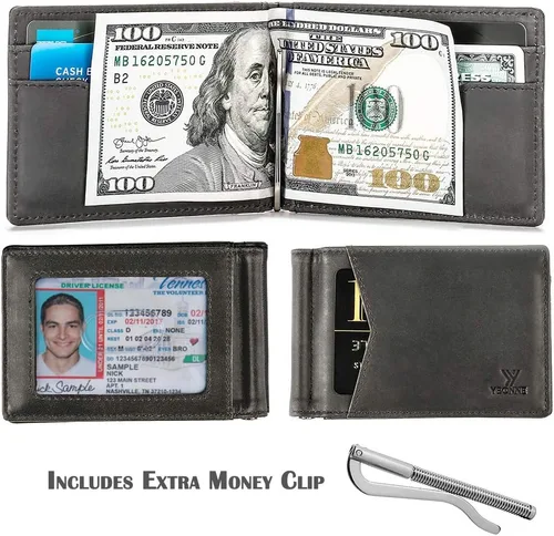 Miniatura 16 de YBONNE - Cartera fina con clip para dinero, de cuero auténtico, bloqueo RFID, minimalista