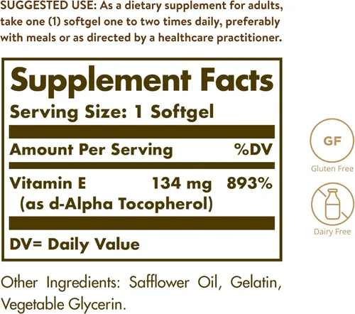 Miniatura 2 de Solgar Vitamina E 200 UI Alfa, 100 cápsulas blandas – Antioxidante, Envejecimiento saludable, Piel sana, Apoyo del sistema inmunológico – Fuente