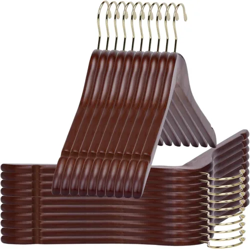 Miniatura 12 de Perchas de madera negra semicurvadas de calidad, paquete de 80 perchas de madera maciza con acabado liso con gancho giratorio, chaqueta, pantalón