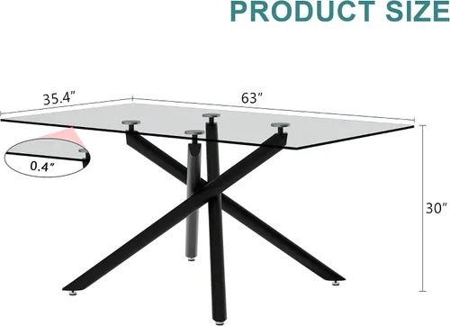 Miniatura 4 de Mesa de comedor rectangular de cristal minimalista grande y moderna para 6 y 8 pulgadas con mesa de vidrio templado de 0.39 pulgadas y patas