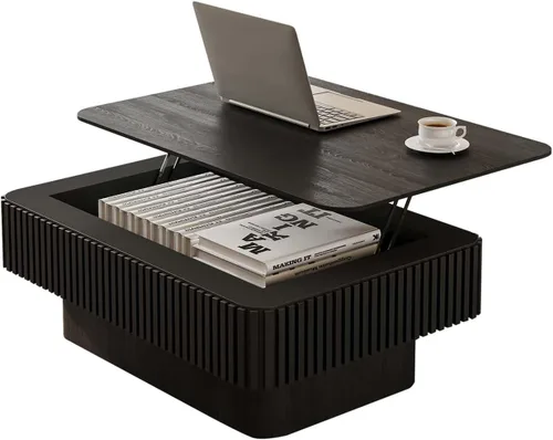 Miniatura 15 de Mesa de café cuadrada pequeña con almacenamiento, mesa de café moderna de madera con chapa de madera maciza, mesa central estriada