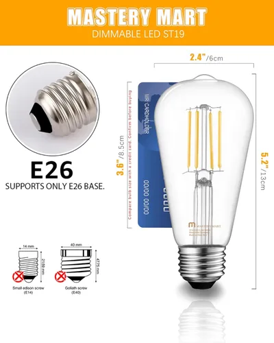Miniatura 2 de MASTERY MART Paquete de 6 bombillas Edison vintage, bombilla LED E26 de 5.5 W equivalente a 60 W, regulable, blanco suave de 2700 K, ST19 antiguo