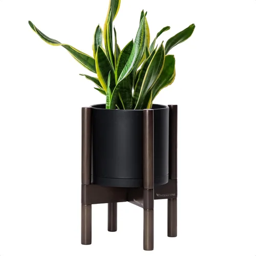 Miniatura 15 de Maceta de D'vine Dev con soporte - Maceta de flores de cilindro de plástico de 8.0 pulgadas con soporte de madera para interiores, maceta mate negra