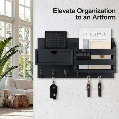 Miniatura 3 de Lwenki Organizador de llaves y correo de pared con cajón de almacenamiento, 100% madera de Paulownia, 7 ganchos de metal, decoración del hogar